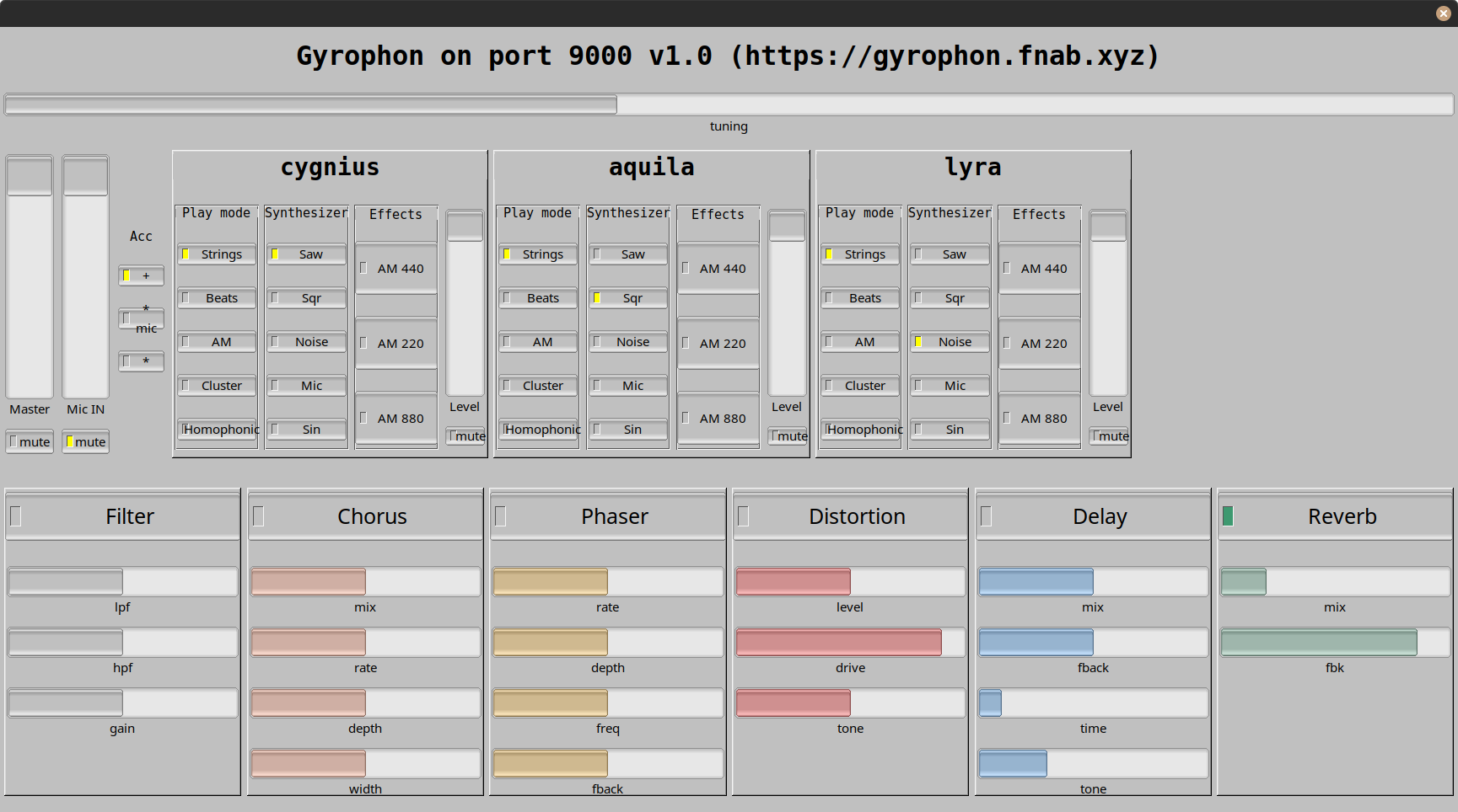 The Gyrophon desktop mixer with three voices and an effects rack